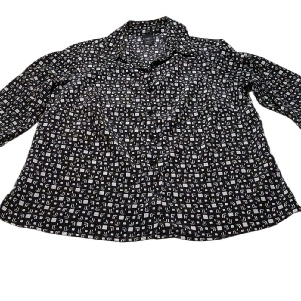 Black and White George Button Blouse 16W 1X EUC